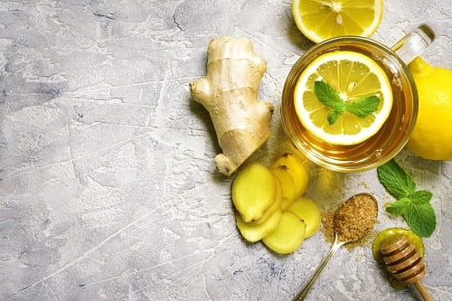 Warming ginger tea with lemon and mint